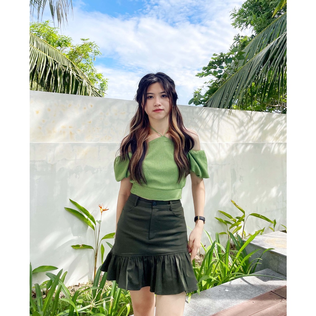 Chây váy kiểu 2 lớp xếp li dưới thời trang GAGO màu rêu GO4060