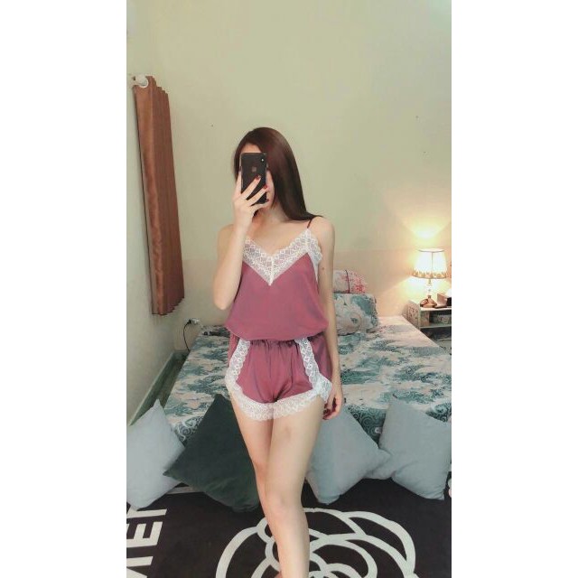 Bộ Ngủ Đùi  Viền  Ren  Siêu Cao Cấp