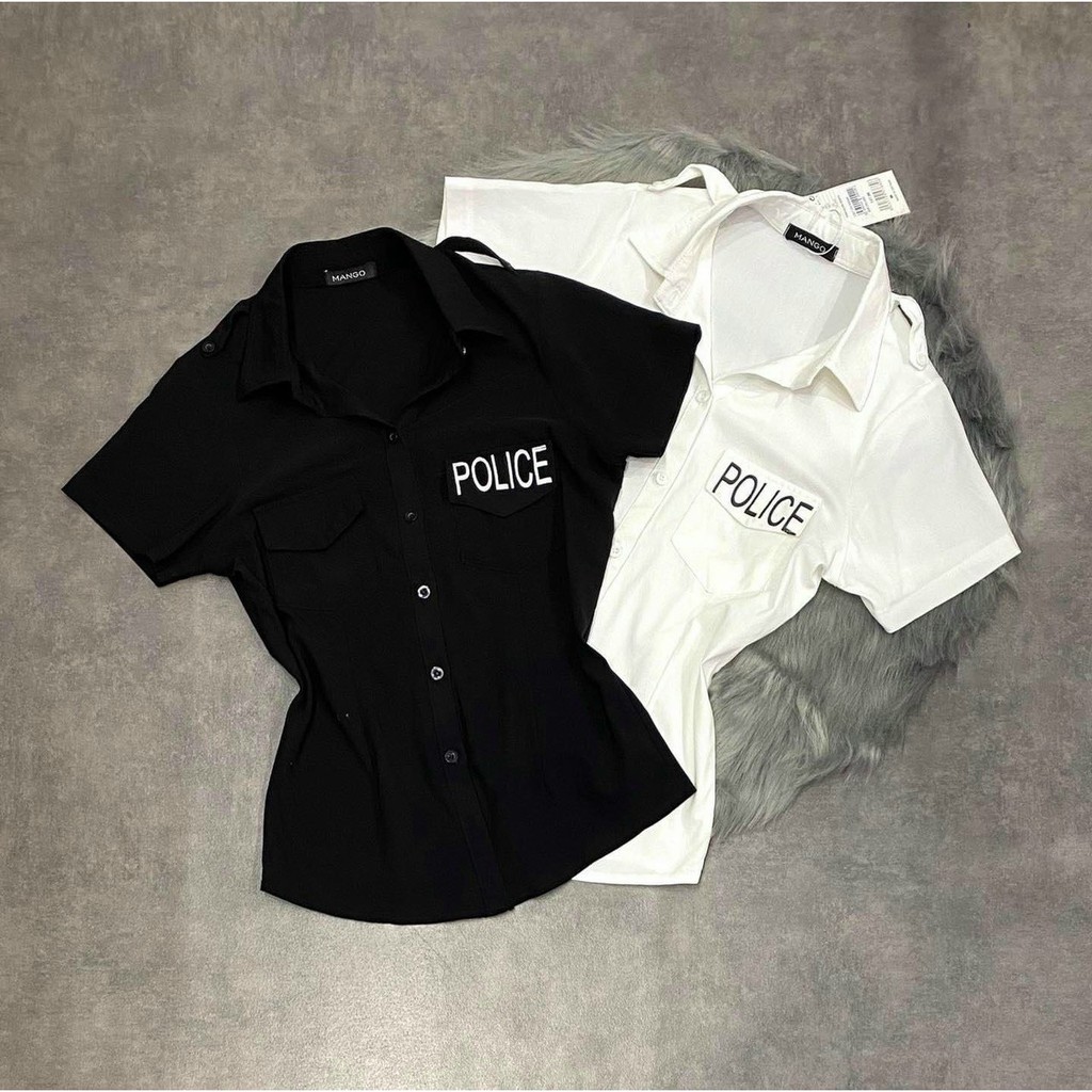 siêu xinh áo sơ mi đơn giản nắp túi in chữ xinh chất kate mềm mịn