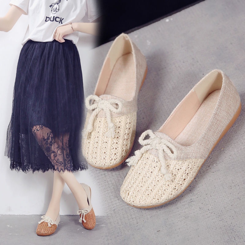 Giày Lười Vải Lanh Phối Lưới Thoáng Khí Chống Trượt Phong Cách Thời Trang Hàn Quốc Cho Nữ