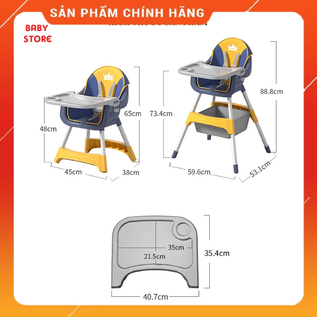 Ghế Ăn Dặm Trẻ Em Cao Cấp, Tùy Chỉnh Độ Cao, Full Phụ Kiện Miếng Lót Da PU, Dây An Toàn Và Giỏ Đựng Siêu Xịn