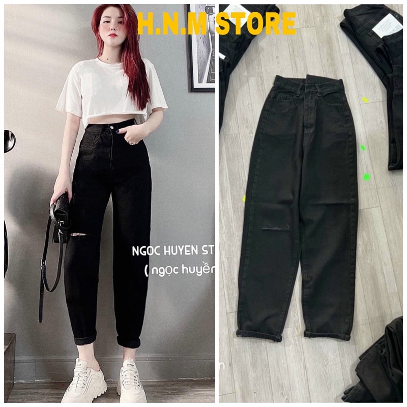 Quần jean baggy nữ lưng cao màu đen 1 sọc cá tính