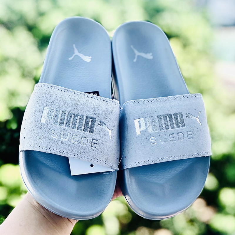 Dép puma da lộn, FREESHIP + Hộp hãng, dép puma quai ngang hình con báo nam nữ thể thao kèm tem tag mác,full xám