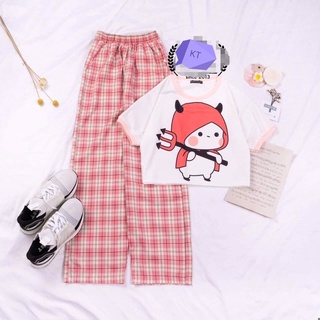 Set áo croptop viền Hồng in thỏ béo sừng quỷ + quần kẻ ống rộng hoặc quần jogger Hồng 2 sọc trắng