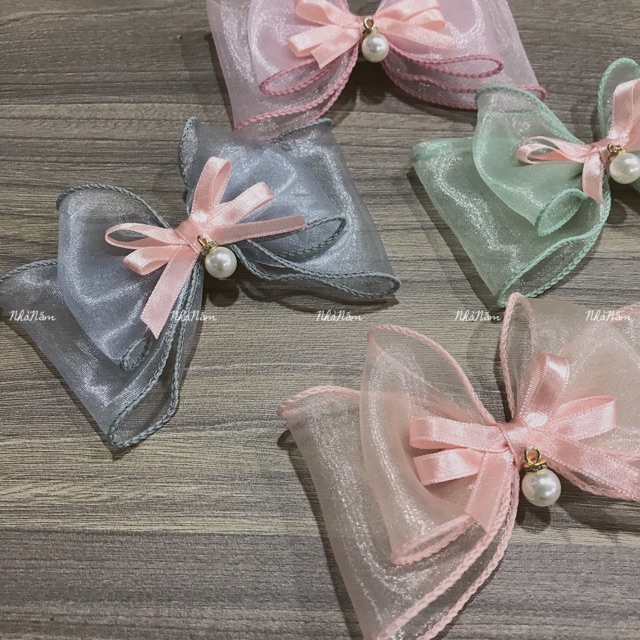 KẸP TÓC NƠ HAI TẦNG RUY BĂNG VIỀN BÈO PHỐI HẠT - [Nhà Nấm handmade]