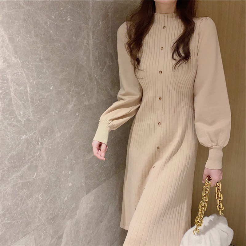 Váy lem  cổ cao 3 phân  mùa thu đông phiên bản Hàn Quốc ,váy len tay bồng nhẹ nhàng nữ tính