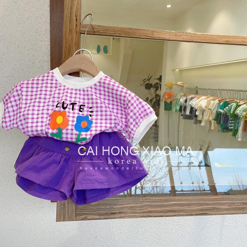 Quần Short Phối Áo Thun Sọc Ca Rô Thời Trang Mùa Hè Hàn Quốc Mới Dành Cho Bé Gái