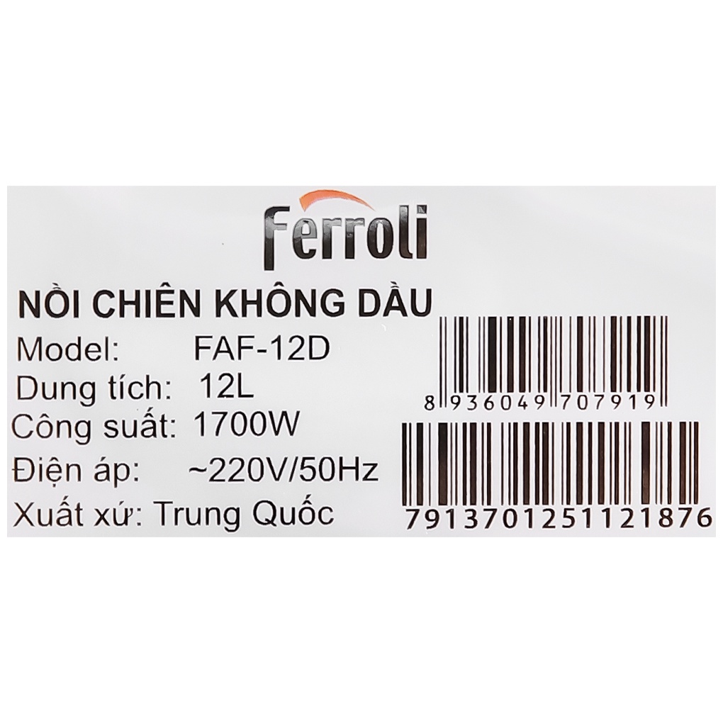 [Mã ELHADEV giảm 4% đơn 300K] Lò chiên không dầu Ferroli FAF-12D 12 lít