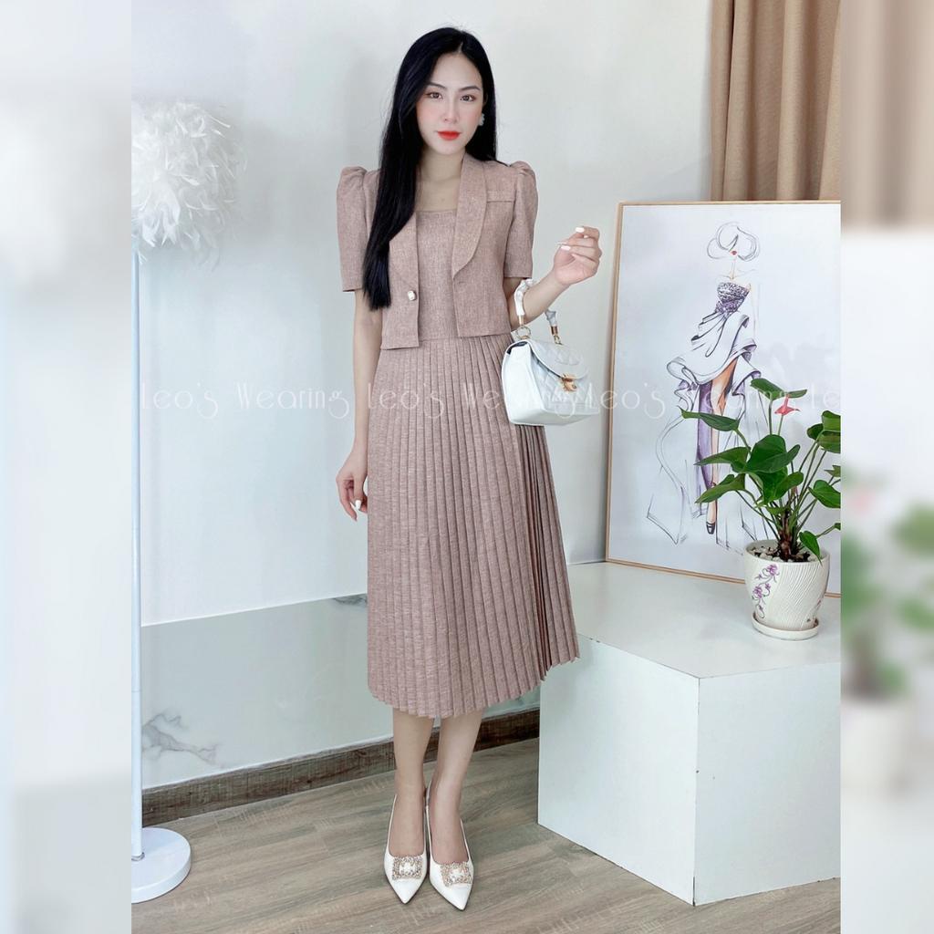 Set đầm 2 dây xếp li dáng dài mix áo khoác cổ sen tay phồng LEOSWEARING A129