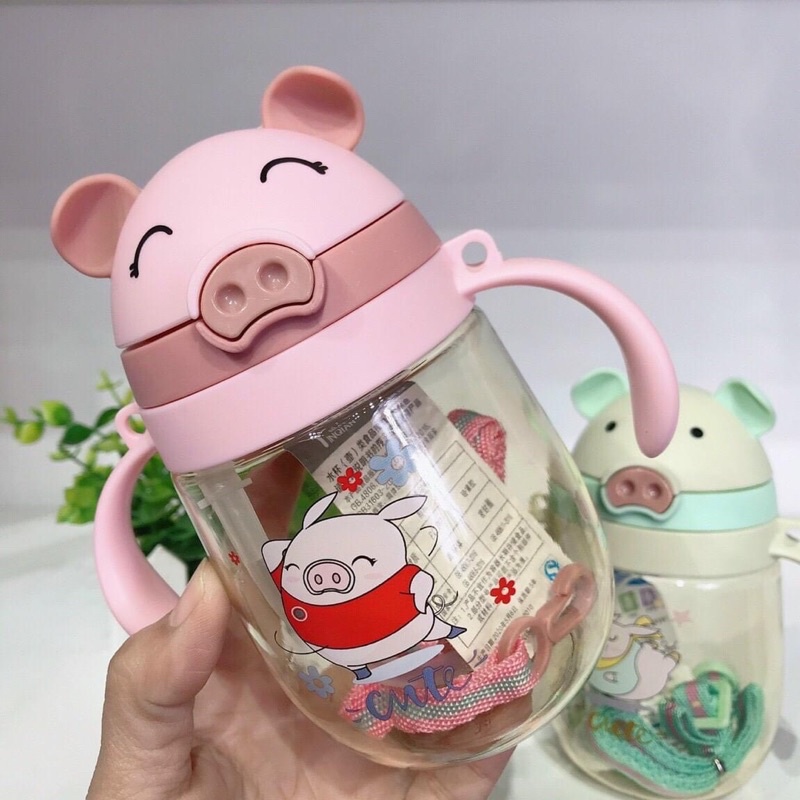 Bình nước chống sặc 350ml  cho bé tập uống mang đi học nắp hình heo kute tặng dây đeo cao cấp bunakids BN04