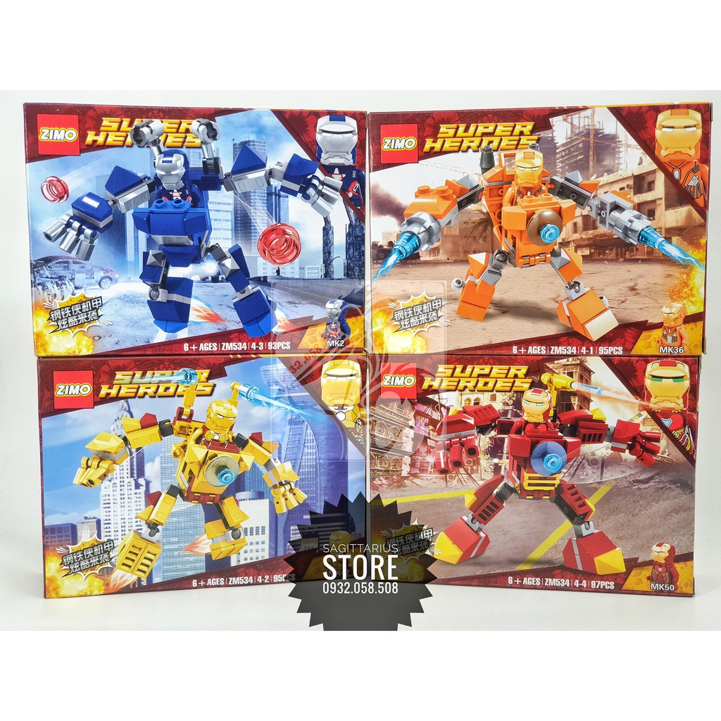 Lego Zimo ZM534 Lắp Ráp Robot Chiến Binh Ironman ( Gồm 4 Hộp - 380 Mảnh )