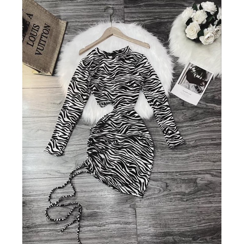 Đầm Body Tay Dài Hoạ Tiết Ngựa Vằn Khoét Eo Cột Dây | BigBuy360 - bigbuy360.vn