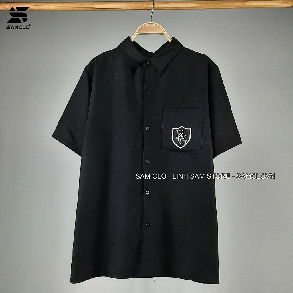 Áo sơ mi nữ SAM CLO cổ bẻ tay ngắn có túi - lỡ ulzzang form freesize dáng rộng unisex mặc cặp, nhóm, couple thêu logo RG