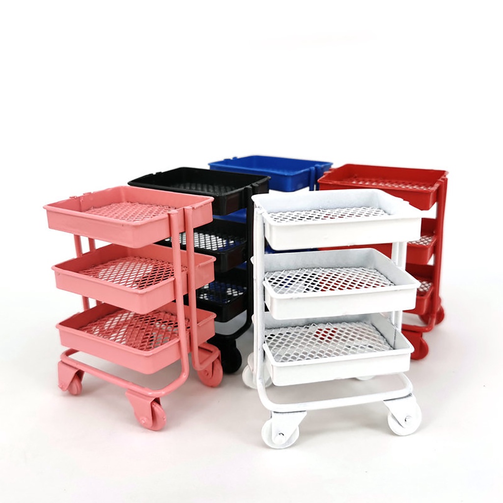 Kệ đựng đồ 3 tầng bằng sắt có bánh xe đẩy tiện dụng cho nhà búp bê DIY