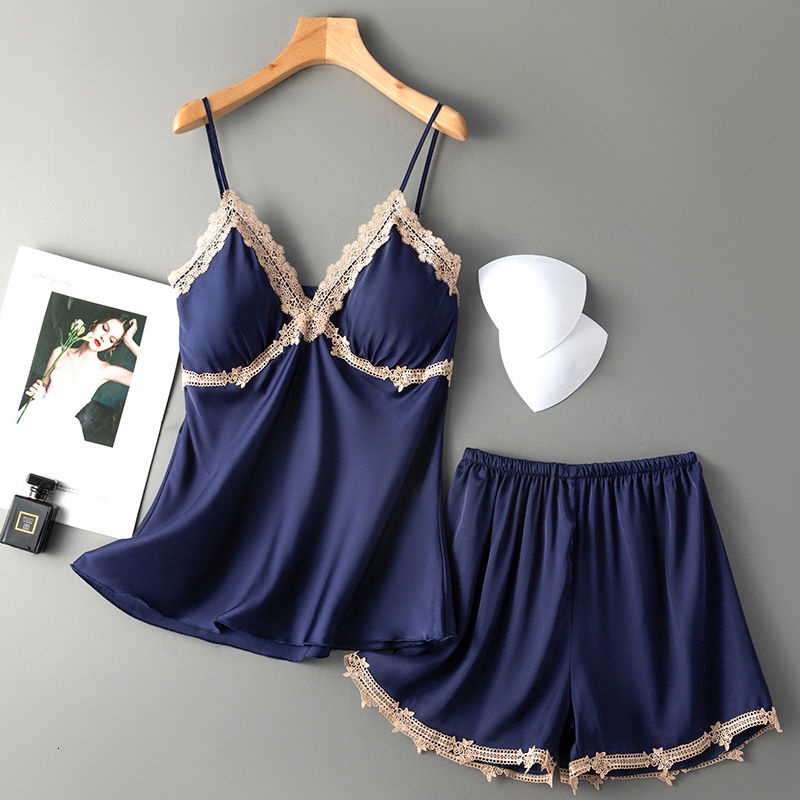 Bộ đồ ngủ vải lụa lạnh phối ren có đệm ngực thiết kế quyến rũ thời trang mùa hè dành cho nữ