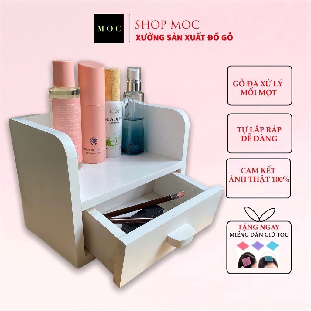 Kệ mỹ phẩm màu trắng đồ trang điểm để bàn bằng gỗ thông bền đẹp dùng để son môi đồ makeup Shop Mộc