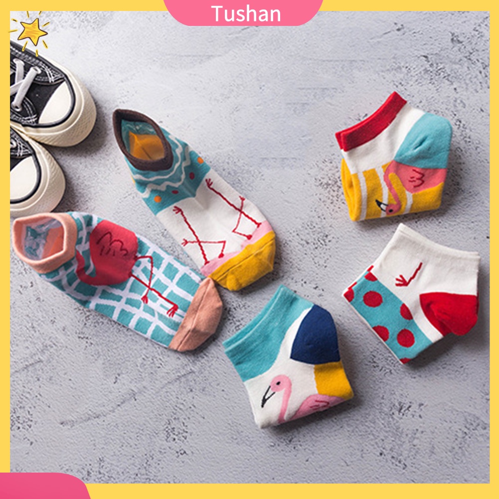 TUSH Fashion Women Flamingo Print Low Cut Breathable Cotton Short Ankle Boat Socks