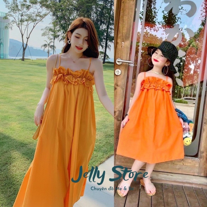 Set đồ đôi Mẹ và bé 2 dây cam cháy, chất cotton lụa xuông mượt tha thướt, kèm ảnh thật