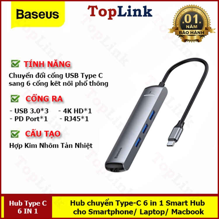 [CHÍNH HÃNG] Hub chuyển Type-C Baseus 6 in 1 Smart Hub cho Smartphone/ Laptop/ Macbook (3xUSB 3.0, HDMI 4K, LAN, PD)