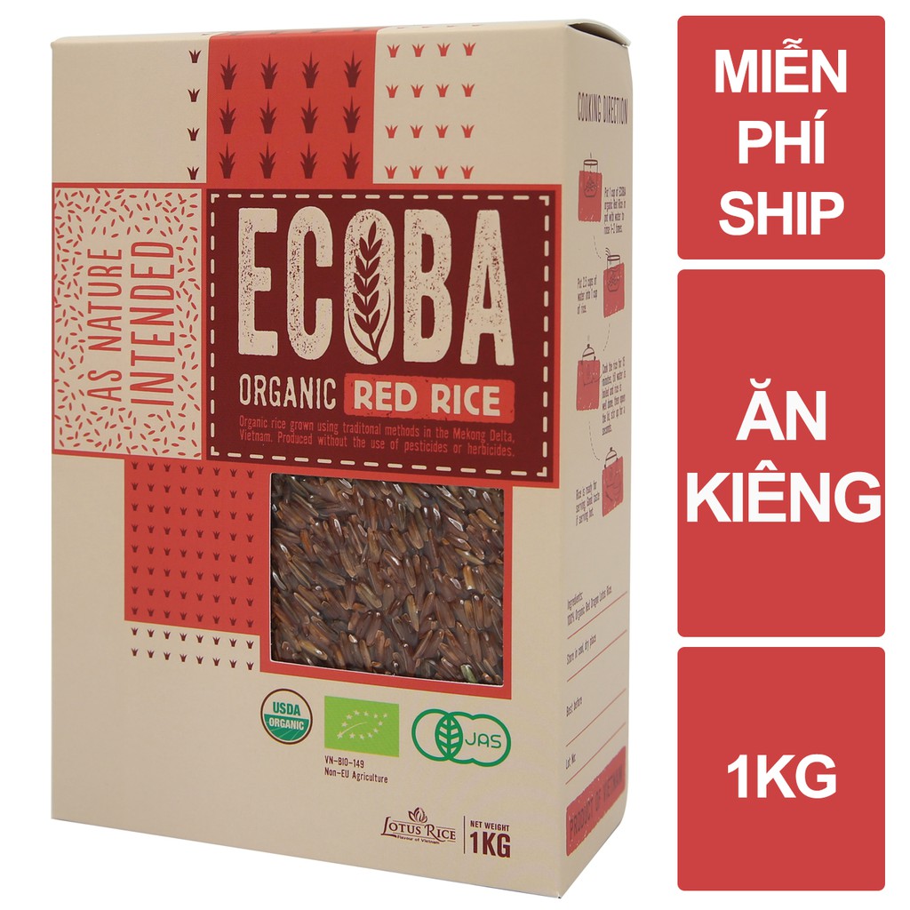 Gạo lứt đỏ ăn kiêng 100% hữu cơ - ECOBA Huyết Rồng 1kg - Mềm bùi dễ ăn - Chứng nhận hữu cơ quốc tế in trên hộp