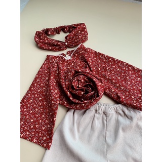 Bộ áo dài vải thô đỏ cà bông cho bé gái tặng kèm turban