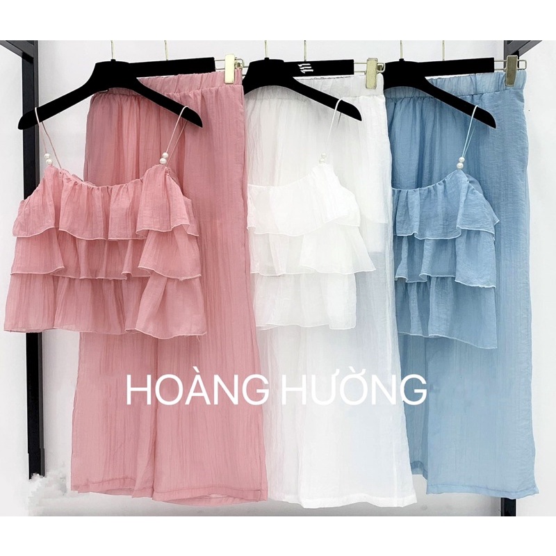 Bộ áo quần nữ 2 Dây Tầng Quần Dài vải đũi dễ thương