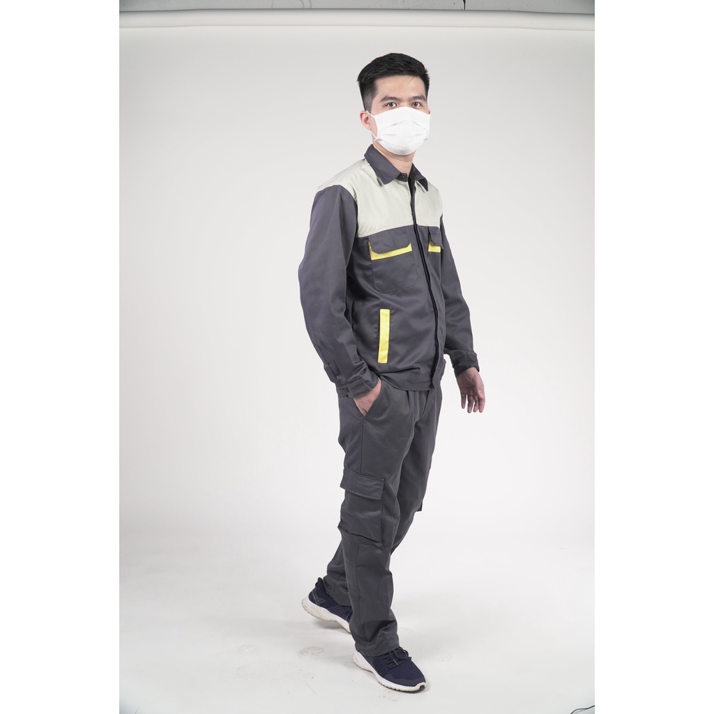 Áo  bảo hộ lao động phối màu xám phối vàng chất liệu kaki cao cấp sẵn hàng kèm video MÃ B01.09-21
