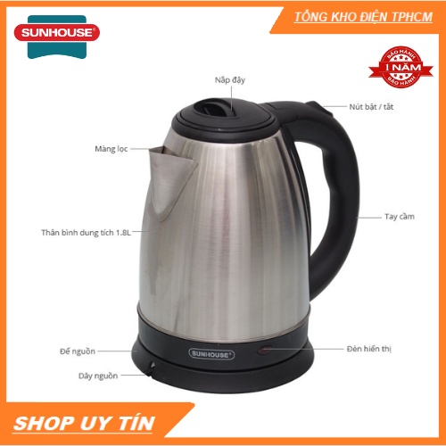 [Mã ELHADEV giảm 4% đơn 300K] Ấm siêu tốc Inox 1.8L SUNHOUSE SHD1182 Bảo hành 12 tháng