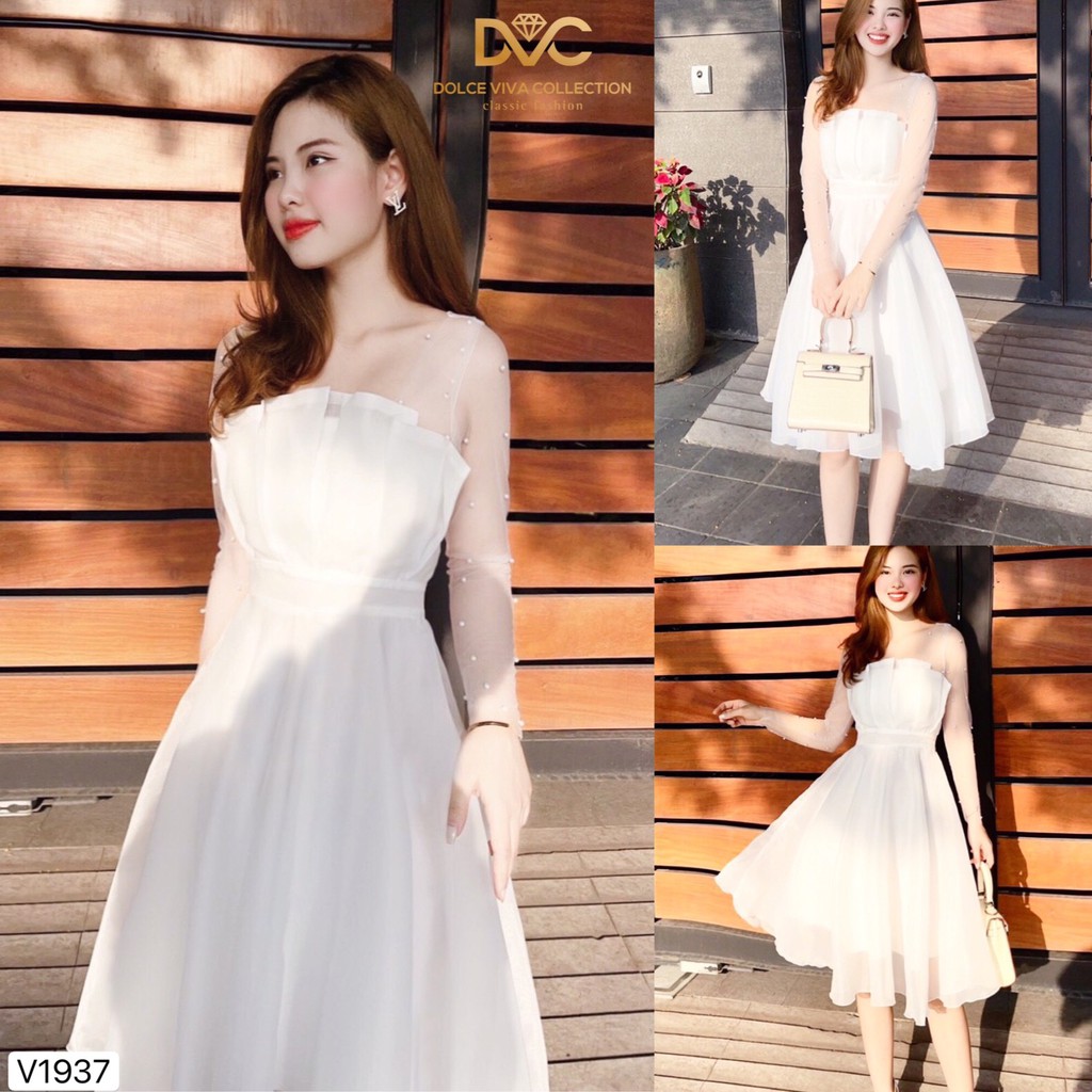 Váy trắng cúp ngực tay lưới V1937 - LILA SHOP DOLCE VIVA COLLECTION(ảnh người mẫu+ảnh trải sàn do shop chụp tự chụp)