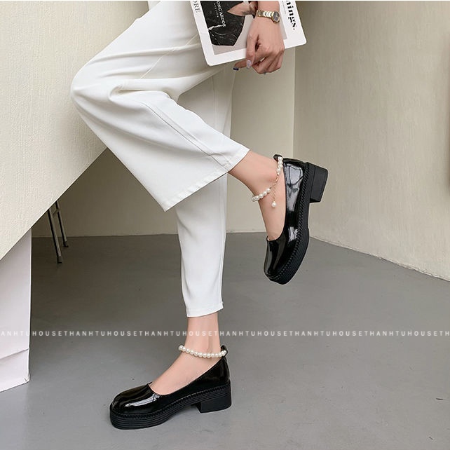 Giày Mary Jane Da Bóng Mũi Vuông Phối Quai Ngọc Ulzzang - GD021