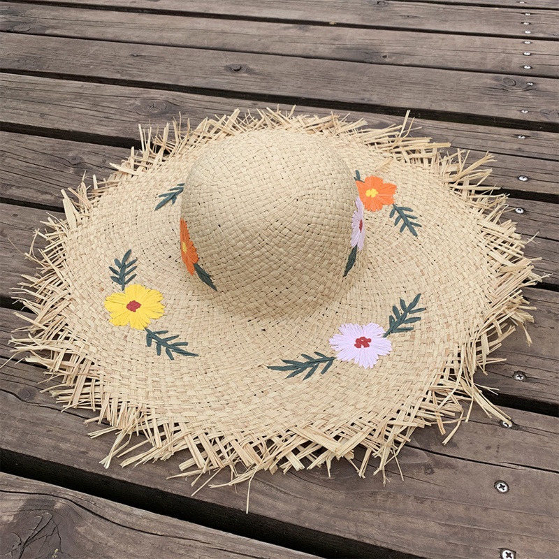 Nón Cói Rộng Vành Thêu Hoa Xinh Xắn Thời Trang Đi Biển Mùa Hè Cho Nữ