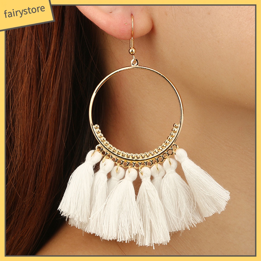 Khuyên Tai Tròn Đính Đá Phối Tua Rua Phong Cách Bohemian