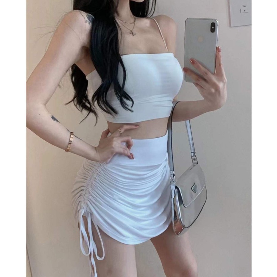 Chân Váy Lưng Cao Phối Dây Rút Co Giãn Màu Trơn Thời Trang Sành Điệu