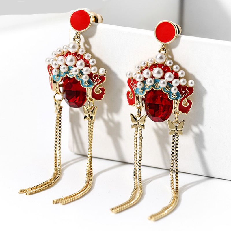 Khuyên Tai Tua Rua Màu Sắc Đỏ Phong Cách Trung Hoa Cổ Điển