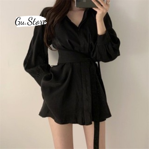 Set Váy Sơ Mi Hai Màu Đen Trắng Kèm Đai Buộc Uzzlang Gu store Hot Trend 2021 Ba Món Kết Hợp Được Nhiều Phong Cách mã044