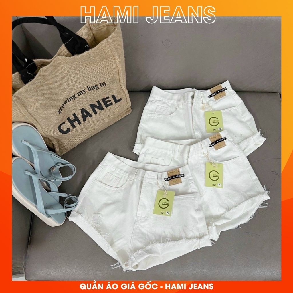 Quần short jean lưng cao quần đùi jean nữ quần short bò màu trắng đen gắn mạc da
