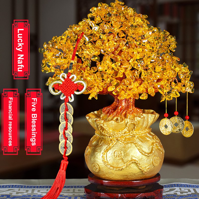 Unique And Beautiful Citrine Color Crystal Lucky Tree Money Bag Tree Money Tree Gold Ingot Ornaments