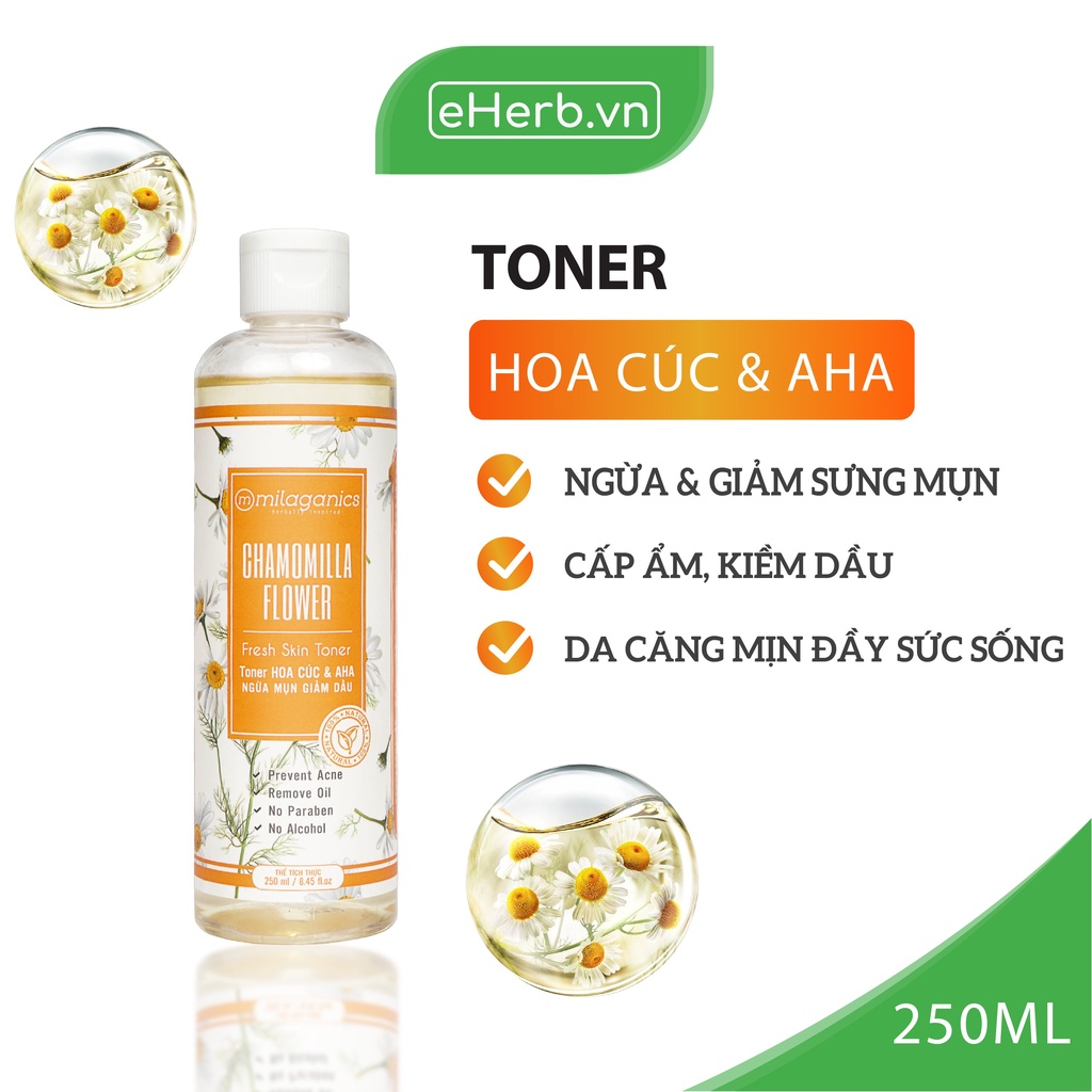 Nước Hoa Hồng Toner Hoa Cúc & AHA Ngừa Mụn, Giảm Dầu Dành Cho Da Dầu Mụn MILAGANICS 250ml (Chai)