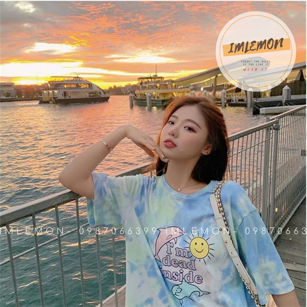 Áo Thun Tay Lỡ Nam Nữ TIE- DYE Loang 2 MÀU IN HÌNH IM DEAD INSIDE SIÊU CUTE