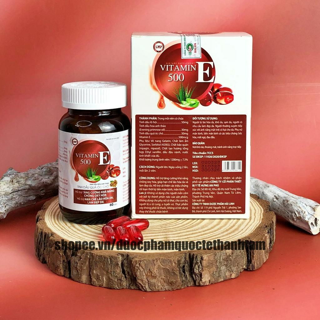 Viên uống trắng da Vitamin E 500 với tinh dầu lô hội giúp đẹp da, sáng da, chống lão hóa, giảm nám, bôi lên da- Hộp 60 v