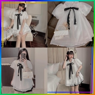 Áo sơ mi trắng nữ, Áo sơ mi babydoll ren tơ form thụng dáng xòe áo sơ mi kiểu nữ