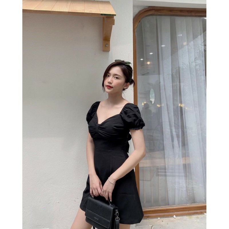 ĐẦM ĐEN NƠ LƯNG tay ngắn - NAMI DRESS - cúp ngực nơ - dáng chữ A - BomBom shop