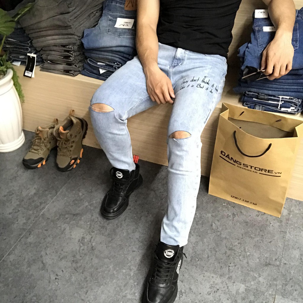 Quần bò Slimfit Blue - Xanh cho nam kết hợp rách gối | BigBuy360 - bigbuy360.vn