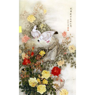 Tranh dán tường 3D phong thủy Đôi uyên ương bên hoa hồng LunaTM-0069 kim sa