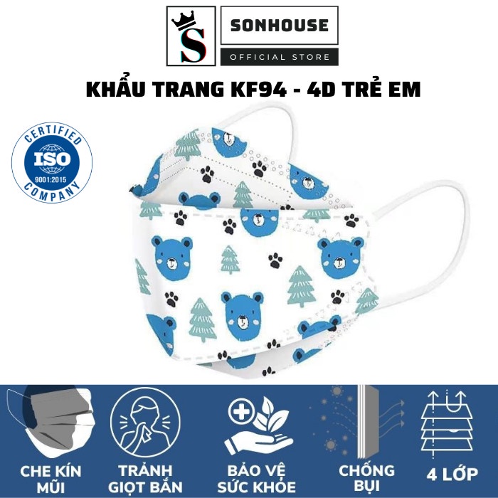 Khẩu trang KF94 cho bé 4D 4 lớp kháng khuẩn, chống bụi mịn nhiều họa tiết