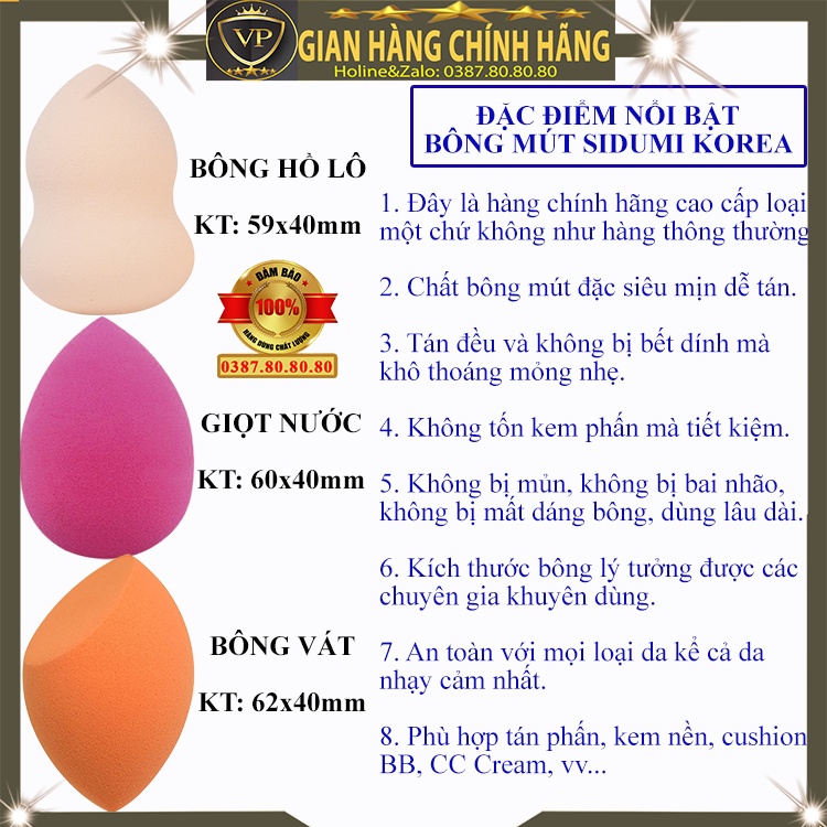 Set 2 Bông mút trang điểm đánh tán kem nền phấn nước cushion bb cc cream phấn hồ lô giọt nước chính hãng sidumi hàn quốc