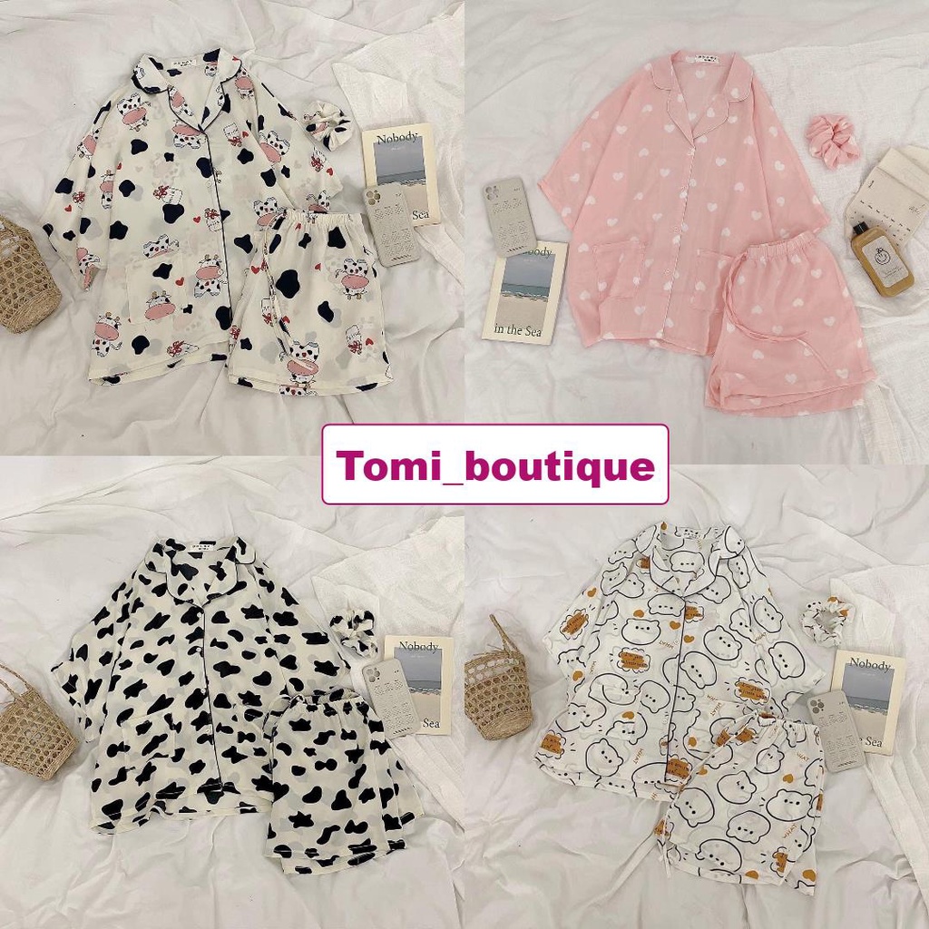 Bộ đồ ngủ Pyjama hình, cánh dơi lụa satin mịn mướt, hàng loại 1- Tomi boutique