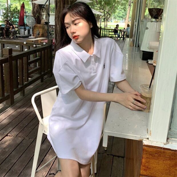 Váy Thun Polo Thêu Thỏ PEONYB Nữ [FREESHIP]  Đầm dáng suông cổ bẻ tay lỡ kiểu dáng học sinh cá tính hàn quốc Ulzzang