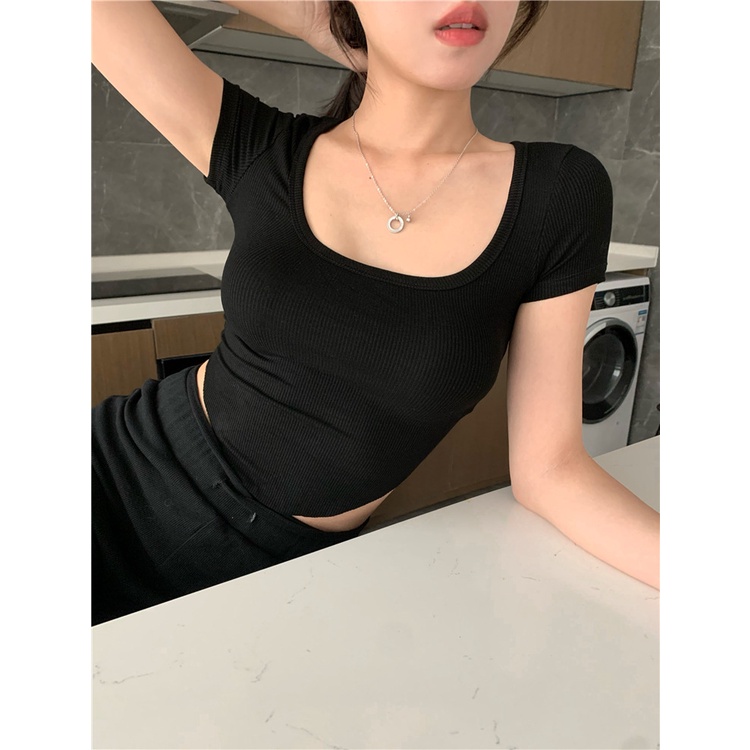 Áo Thun Tay Ngắn Cổ Chữ U Hở Lưng Thời Trang Mùa Hè Quyến Rũ Phong Cách Hàn Quốc Cho Nữ