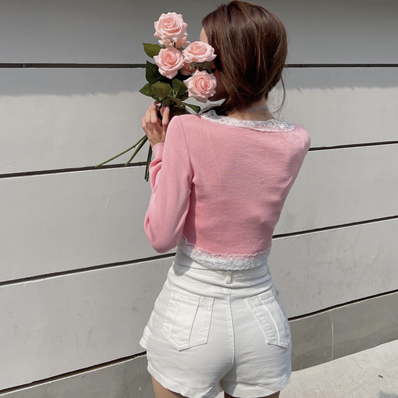 Korean Round Neck Lace Stitching Long Sleeve Knitted Cardigan Top Women Slim Casual Sweet Navel Exposed Long Sleeve Knitted Cardigan Tops